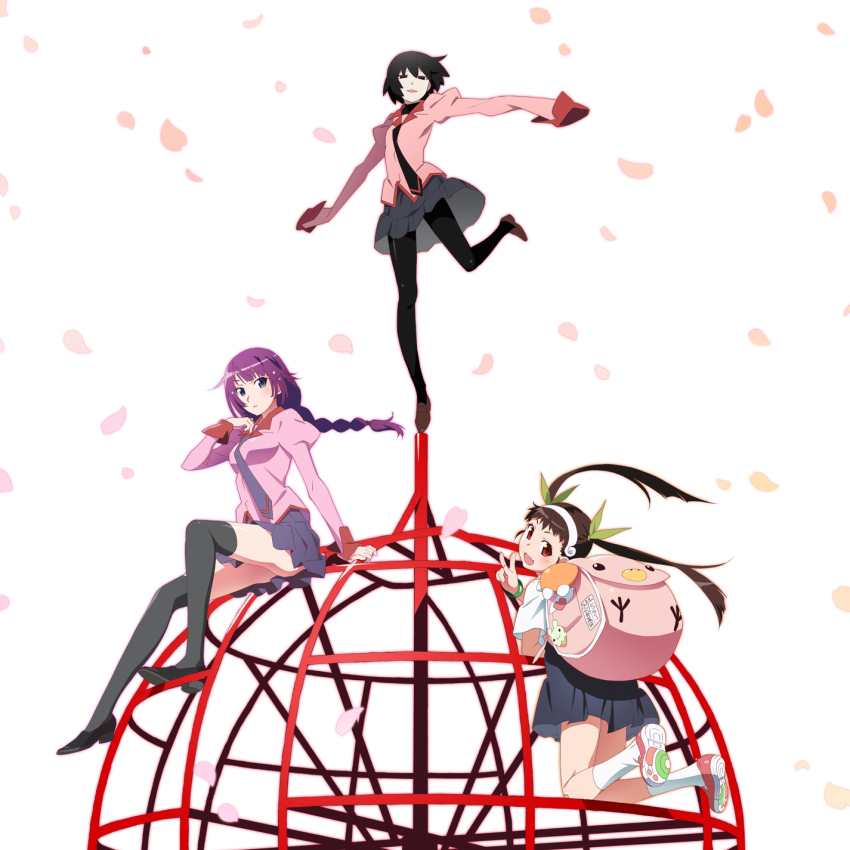 3girls :d album_cover anime_coloring arm_support backpack bag balancing_on_leg black_eyes black_footwear black_hair black_leggings black_necktie black_thighhighs blue_eyes blue_skirt blunt_bangs braid braided_ponytail breasts brown_eyes brown_hair character_backpack cherry_blossoms collar cover crossdressing crossdressing_(ftm) dot_nose falling_petals fang grey_necktie grey_skirt hachikuji_mayoi hand_up head_tilt headband highres jungle_gym leg_support leg_up leggings long_hair long_sleeves looking_at_viewer looking_back medium_eyebrows messy_hair monogatari_(series) multiple_girls naoetsu_high_school_uniform necktie no_pupils official_alternate_hair_color official_art open_mouth oshino_ougi outstretched_arms owarimonogatari parted_lips petals pink_bag pink_shirt pink_shoes pleated_skirt ponytail purple_hair red_collar red_sleeve_cuffs red_trim school_uniform senjougahara_hitagi shirt shoes short_hair short_sleeves sidelocks simple_background sitting skin_fang skirt sleeves_past_fingers sleeves_past_wrists small_breasts smile socks spread_arms standing standing_on_one_leg thighhighs twintails v white_background white_headband white_shirt white_socks