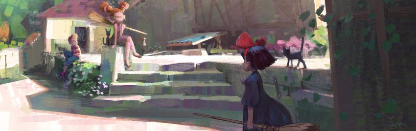1980s_(style) 1boy 2girls aymeric_kevin bicycle bow broom cat dress hair_bow highres house jiji_(majo_no_takkyuubin) kiki_(majo_no_takkyuubin) majo_no_takkyuubin multi-tied_hair multiple_girls oldschool retro_artstyle senior_witch_(majo_no_takkyuubin) shirt short_hair sitting stairs striped_clothes striped_shirt tombo_(majo_no_takkyuubin) twintails witch