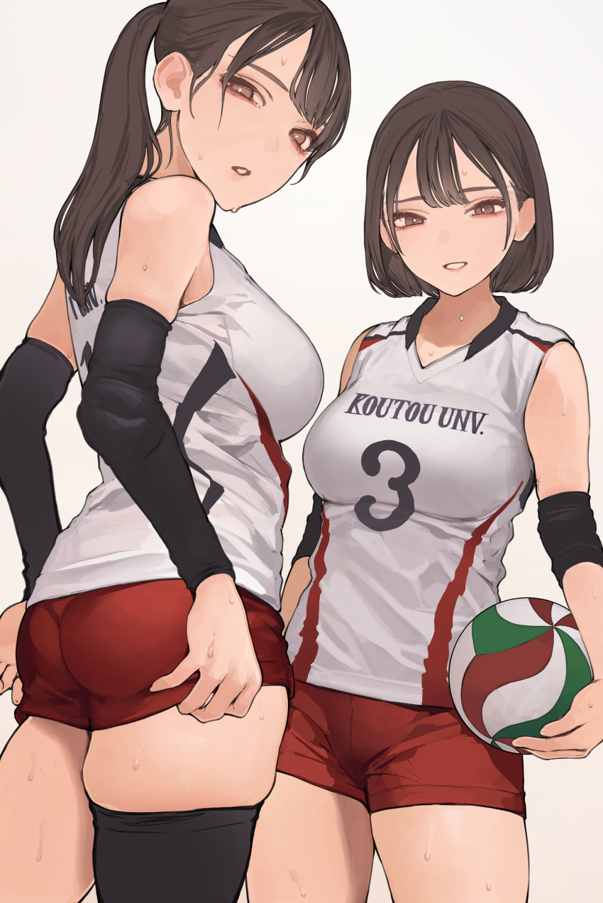 2girls absurdres ass ball breasts brown_eyes brown_hair gym_shorts highres holding holding_ball koh_(minagi_kou) large_breasts long_hair multiple_girls original ponytail red_shorts shirt short_hair shorts siblings sisters sleeveless sleeveless_shirt sportswear standing sweat textless_version translation_request volleyball volleyball_uniform white_shirt