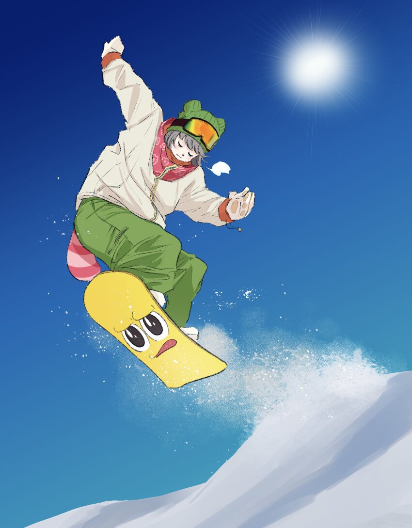 1girl :3 absurdres alternate_costume animal_ear_headwear animal_nose beanie blue_sky breath character_print closed_eyes closed_mouth day fake_animal_ears full_body green_pants grey_hair hat highres jacket long_sleeves midair mittens mode_aim outdoors pants peanuts-kun ponpoko_(vtuber) raccoon_girl raccoon_tail short_hair sky smile snow snowboard snowboarding solo sun tail tail_cover tengu_nimuru virtual_youtuber white_jacket white_mittens