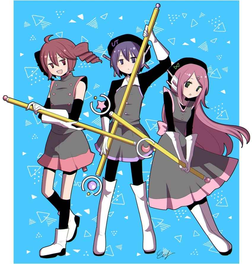 3girls :o alternate_costume ankle_boots arm_up beret black_hat black_pantyhose black_shirt black_sleeves black_socks blue_background boots bow breasts buttons closed_mouth detached_sleeves double-breasted double-parted_bangs dress elbow_gloves fighting_stance full_body gloves green_eyes grey_dress grey_shirt hair_between_eyes hat headphones highres holding holding_staff kasane_teto knee_boots kneehighs leg_up long_hair magical_girl medium_dress momone_momo multiple_girls np_eny pantyhose pink_bow pink_hair print_background purple_eyes purple_hair shirt short_hair small_breasts socks staff standing standing_on_one_leg thigh_boots utane_uta utau white_gloves