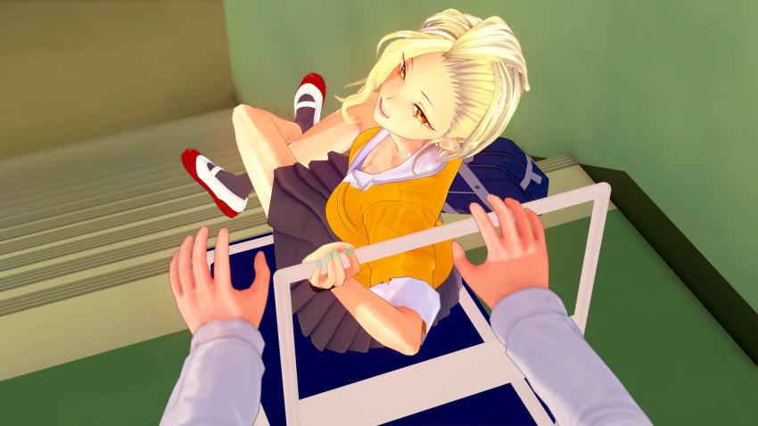 1boy 1girl 3d anjou_(yancha_gal) black_skirt blonde_hair breasts cart cleavage ear_piercing eyes_visible_through_hair hair_over_one_eye highres looking_back open_mouth orange_eyes piercing reaching reaching_towards_viewer seto_(yancha_gal) shirt skirt small_breasts solo_focus stairs stairwell white_shirt yancha_gal_no_anjou-san