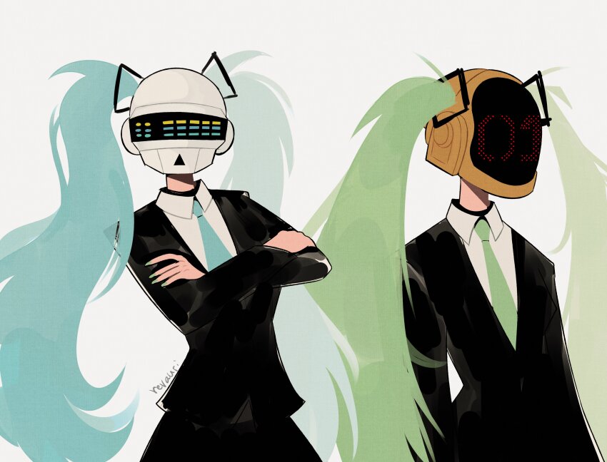 2girls absurdres alternate_costume aqua_necktie black_suit blue_hair character_request collared_shirt cowboy_shot crossed_arms daft_punk formal_clothes green_hair green_necktie hatsune_miku highres long_hair multiple_girls necktie parody revauri shirt simple_background suit twintails vocaloid white_background white_shirt worldwide_miku
