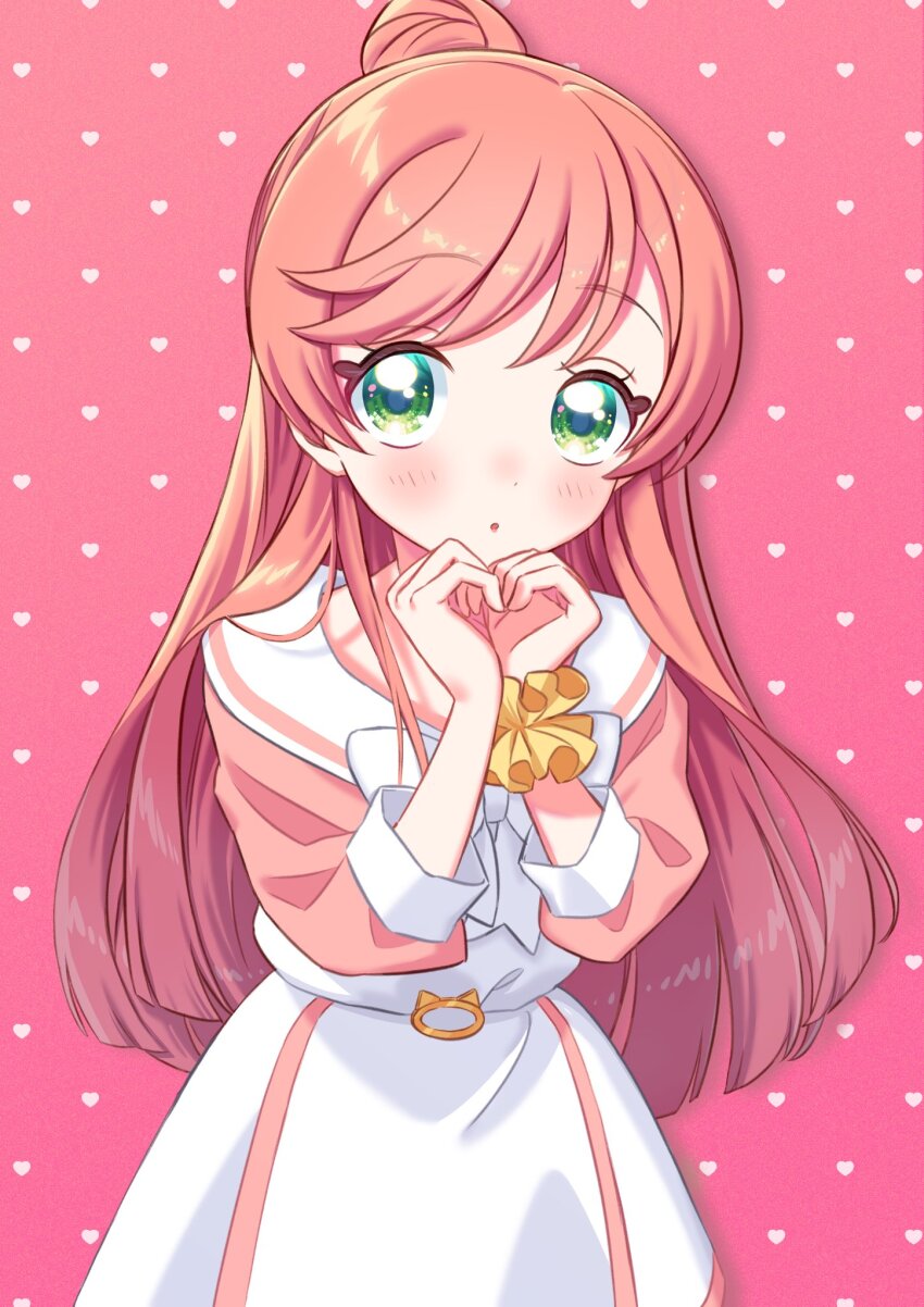 1girl :o bow bowtie bun_(jewd5385) casual collared_dress commentary cowboy_shot dress green_eyes hair_bun heart heart_hands highres hirogaru_sky!_precure long_hair long_sleeves looking_at_viewer nijigaoka_mashiro parted_lips pink_background pink_dress pink_hair pink_theme precure scrunchie short_dress single_hair_bun solo standing two-tone_dress white_bow white_bowtie white_dress wrist_scrunchie yellow_scrunchie