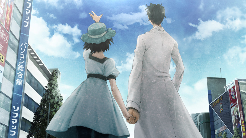 1boy 1girl akihabara_(tokyo) arm_up black_hair black_trim blood_tune blue_dress blue_hat blue_sky bow chaos;head cloud cloudy_sky coat dress from_behind from_below game_cg hat hat_bow highres holding_hands huke lab_coat looking_up matsuo_yukihiro medium_hair multiple_hat_bows nape non-web_source official_art okabe_rintarou outdoors outstretched_arm poster_(object) puffy_short_sleeves puffy_sleeves sash seira_orgel shiina_mayuri short_hair short_sleeves shorts shorts_under_dress shorts_under_skirt sky steins;gate very_short_hair waist_sash white_coat