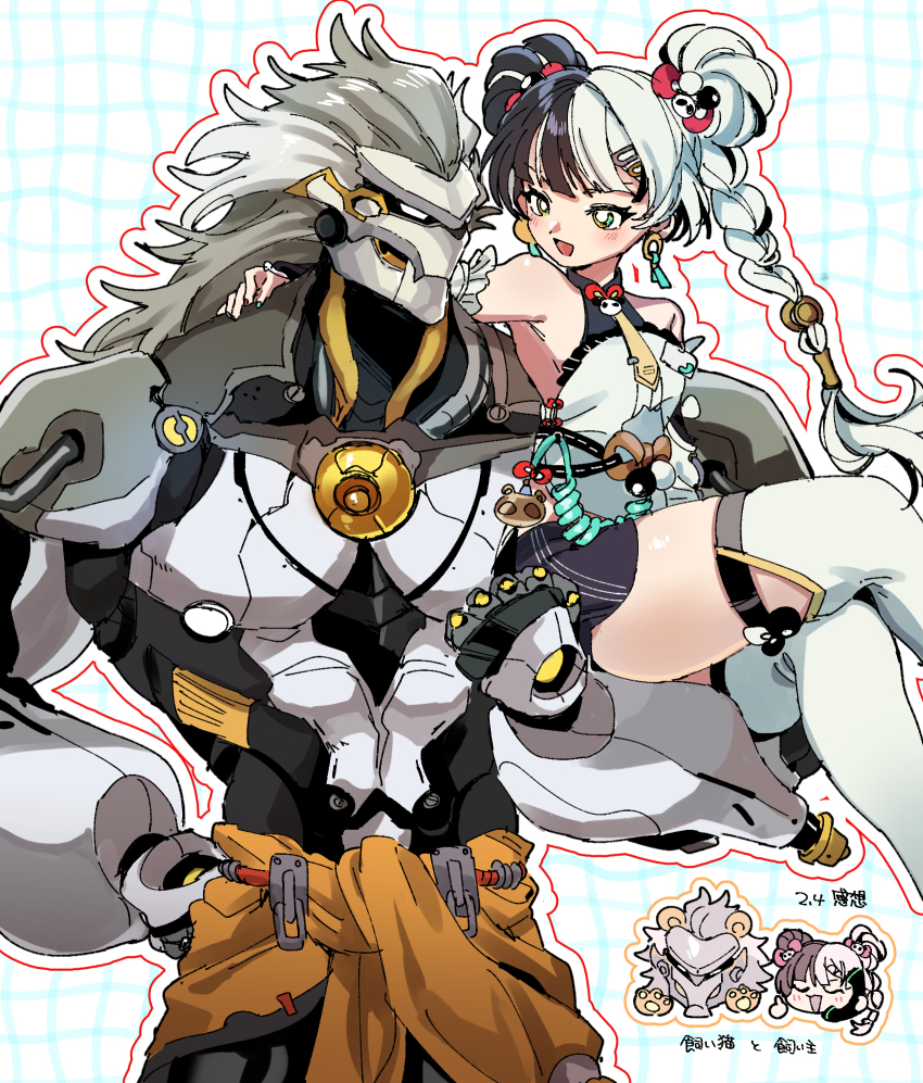 1boy 1girl aqua_nails artificial_eye banyue_(zenless_zone_zero) bare_shoulders black_hair black_shorts blush braid braided_twintails carrying checkered_background chibi child_carry china_dress chinese_clothes closed_eyes clothed_robot clothes_around_waist commentary_request corded_phone detached_sleeves dialyn_(zenless_zone_zero) double_bun dress earrings grey_hair hair_bun hair_extensions hair_ornament hairclip hand_on_another&#039;s_shoulder highres humanoid_robot jewelry long_hair looking_at_another mechanical_eye mechanical_hands metal_skin multicolored_hair multicolored_nails necktie open_mouth orb outline panda_hair_ornament phone red_nails ring_hair_extensions robot robot_boy shorts sososokikaku split-color_hair thighhighs translation_request white_background white_hair white_outline white_thighhighs yellow_necktie zenless_zone_zero