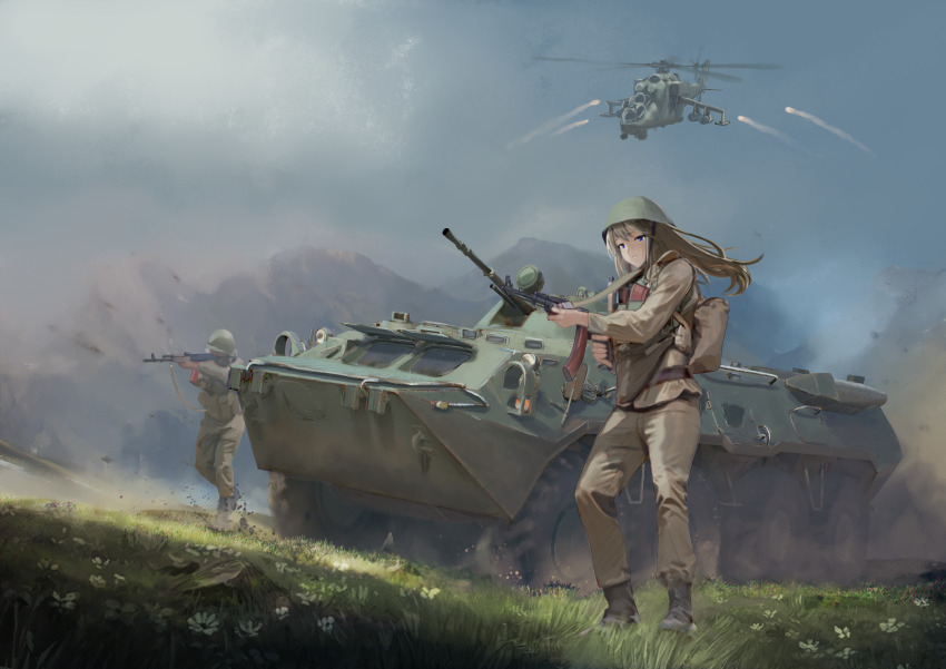 1boy 1girl absurdres aircraft ak-47 armored_personnel_carrier armored_vehicle assault_rifle attack_helicopter black_footwear blue_eyes boots brown_hair brown_pants brown_shirt grass green_headwear gun helicopter helmet highres holding holding_gun holding_weapon kalashnikov_rifle long_hair long_sleeves mi-24 military military_vehicle motor_vehicle original outdoors pants rifle shirt soldier vehicle_request weapon yukikaze_supersylph