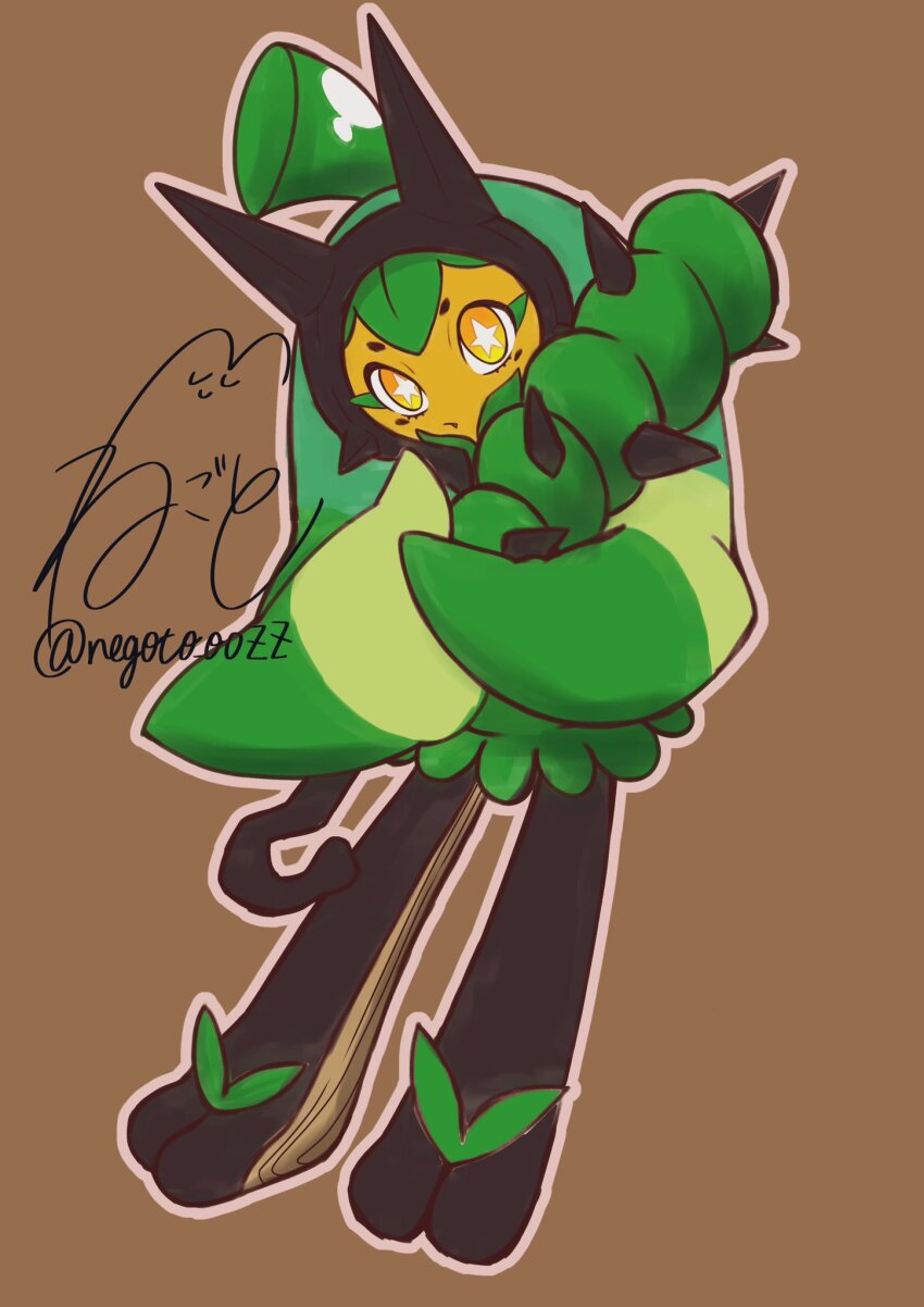 1girl brown_background cloak closed_mouth club club_(weapon) colored_skin fang full_body game_freak green_cloak highres holding holding_club holding_weapon looking_at_viewer negoto_o0zz nintendo ogerpon orange_skin pokemon pokemon_(creature) simple_background solo spiked_club standing star-shaped_pupils star_(symbol) symbol-shaped_pupils weapon yellow_eyes