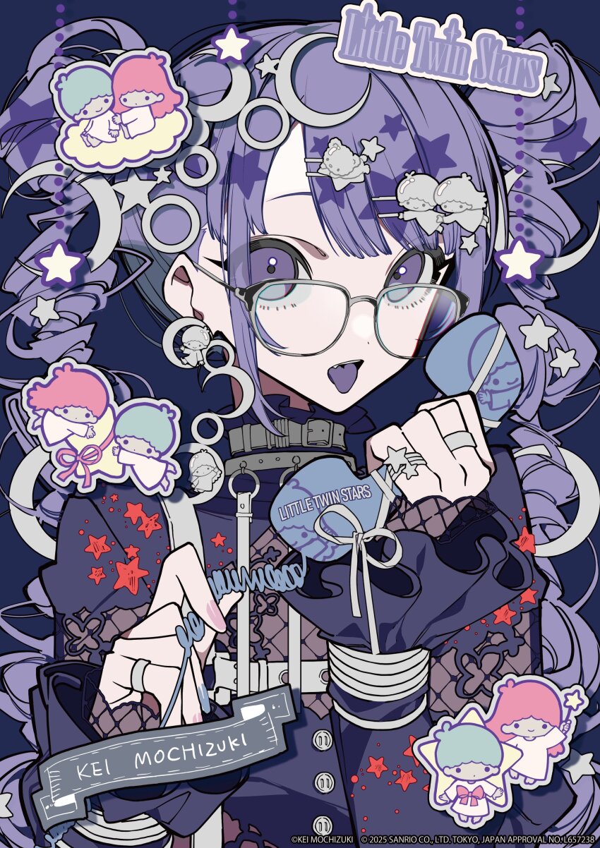 1girl absurdres buttons collar drill_hair frilled_sleeves frills glasses hair_ornament hairpin highres jewelry kiki_(little_twin_stars) lala_(little_twin_stars) little_twin_stars mochizuki_kei multiple_hairpins multiple_rings phone purple_eyes purple_hair ring sanrio simple_background star-shaped_pillow stuffed_star swept_bangs tagme tongue tongue_out twin_drills