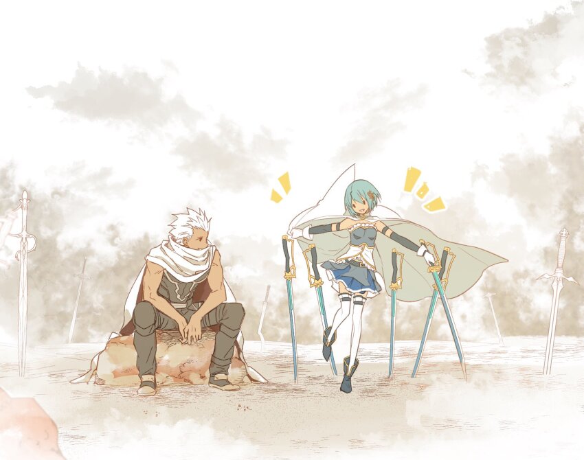 1boy 1girl archer_(fate) armor armored_boots blue_hair boots cape crossover dark-skinned_male dark_skin fate/grand_order fate/stay_night fate_(series) highres mahou_shoujo_madoka_magica miki_sayaka miki_sayaka_(magical_girl) suginamayuge sword tan unlimited_blade_works_(reality_marble) weapon white_hair