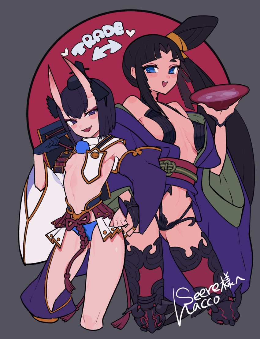 alcohol armor asymmetrical_clothes asymmetrical_sleeves black_fundoshi blue_panties bob_cut breast_curtains cosplay costume_switch cup eyeliner fate/grand_order fate_(series) feather_hair_ornament feathers fundoshi hacco_mayu hair_ornament hat headpiece highres horns japanese_armor japanese_clothes kimono kusazuri makeup mismatched_sleeves oni open_clothes open_kimono panties purple_eyes purple_hair purple_kimono purple_sleeves revealing_clothes sakazuki sake short_eyebrows short_hair shuten_douji_(fate) shuten_douji_(fate)_(cosplay) side_ponytail single_pantsleg skin-covered_horns tate_eboshi underwear ushiwakamaru_(fate) ushiwakamaru_(fate)_(cosplay) white_sleeves