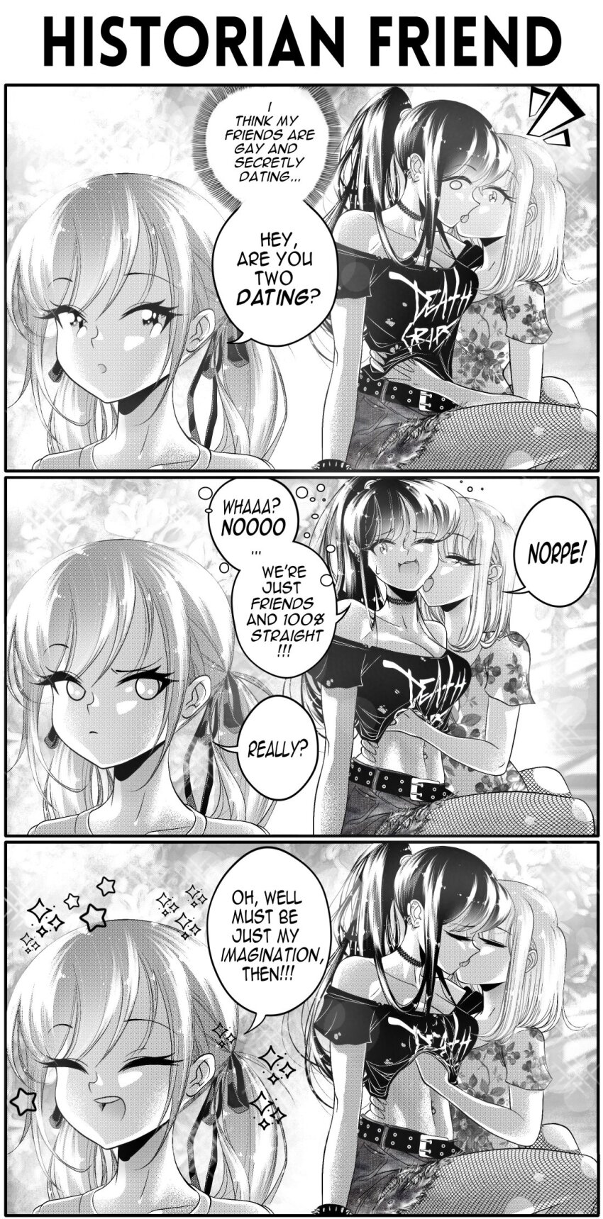 3girls 3koma :d ^_^ band_shirt bare_shoulders belt belt_buckle breasts buckle choker closed_eyes collarbone comic commentary death_grips denim denim_shorts ear_piercing earrings english_commentary english_text fishnet_pantyhose fishnets floral_print flying_sweatdrops french_kiss grabbing_another&#039;s_breast groping grs- hand_under_clothes hand_under_shirt highres jewelry kiss liar lies medium_breasts medium_hair merchandise monochrome multiple_girls notice_lines off-shoulder_shirt off_shoulder open_mouth original pantyhose piercing ponytail raised_eyebrow sharon_(grs-) shirt short_hair shorts smile speech_bubble talia_(grs-) yuri