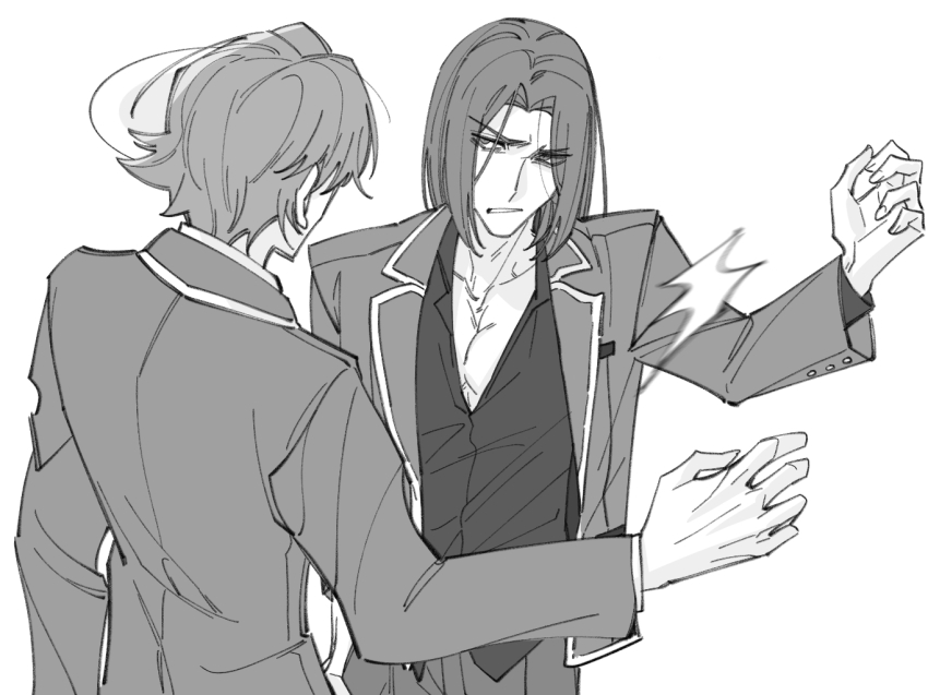 2boys advanced_nurturing_high_school_uniform ayanokouji_kiyotaka blazer collared_shirt cowboy_shot greyscale hands_up jacket long_sleeves looking_at_another male_focus monochrome multiple_boys parted_lips pectoral_cleavage pectorals ryuuen_kakeru school_uniform shirt short_hair slapping_hand smack teeth wing_collar yizhongziwei youkoso_jitsuryoku_shijou_shugi_no_kyoushitsu_e