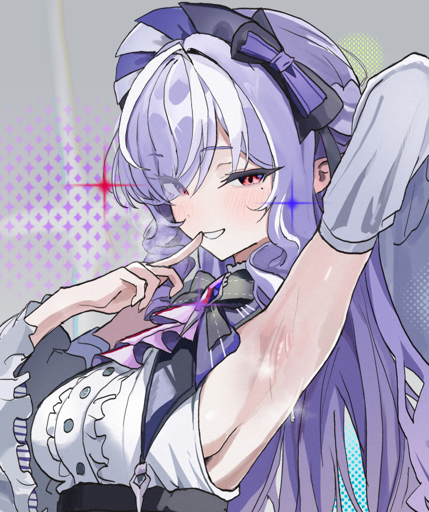 1girl arm_up armpits black_bow black_bowtie bow bowtie breasts brooch commentary detached_sleeves eyes_visible_through_hair frilled_sleeves frills grin hair_over_one_eye highres jewelry long_hair long_sleeves looking_at_viewer looking_to_the_side mole mole_under_eye multicolored_hair purple_hair red_eyes sideboob signallerc smile solo two-tone_hair upper_body vivian_banshee white_hair wide_sleeves zenless_zone_zero