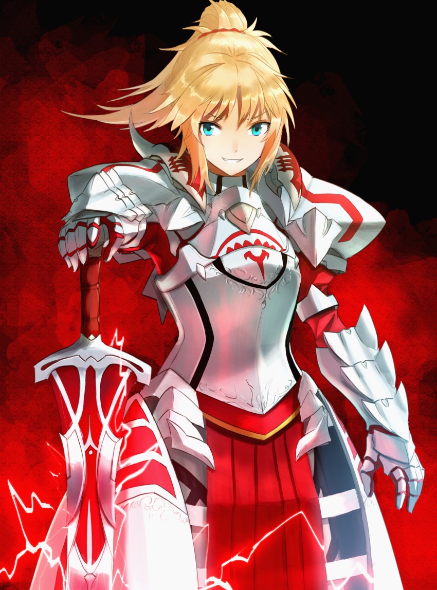 1girl armor bad_id bad_pixiv_id blonde_hair breastplate clarent_(fate) fate/apocrypha fate/grand_order fate_(series) faulds female_focus gauntlets green_eyes grin highres izumo_(ton_63) long_hair looking_at_viewer mordred_(fate) mordred_(fate/apocrypha) pauldrons pelvic_curtain ponytail shoulder_armor smile solo sword weapon