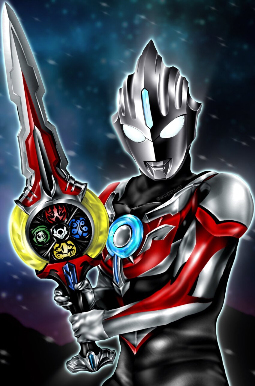 1boy alien black_skin blue_sky collarbone color_timer colored_skin commentary compound_eyes dorsal_fin giant glowing glowing_eyes gradient_sky hanejidyna86 highres holding holding_sword holding_weapon looking_down male_focus mountainous_horizon multicolored_skin multicolored_sky night night_sky orbcalibur outdoors pectorals purple_sky red_skin silver_skin sky solo standing sword tokusatsu toned toned_male twitter_username ultra_series ultraman_orb ultraman_orb_(series) upper_body weapon white_eyes wind wrinkled_skin