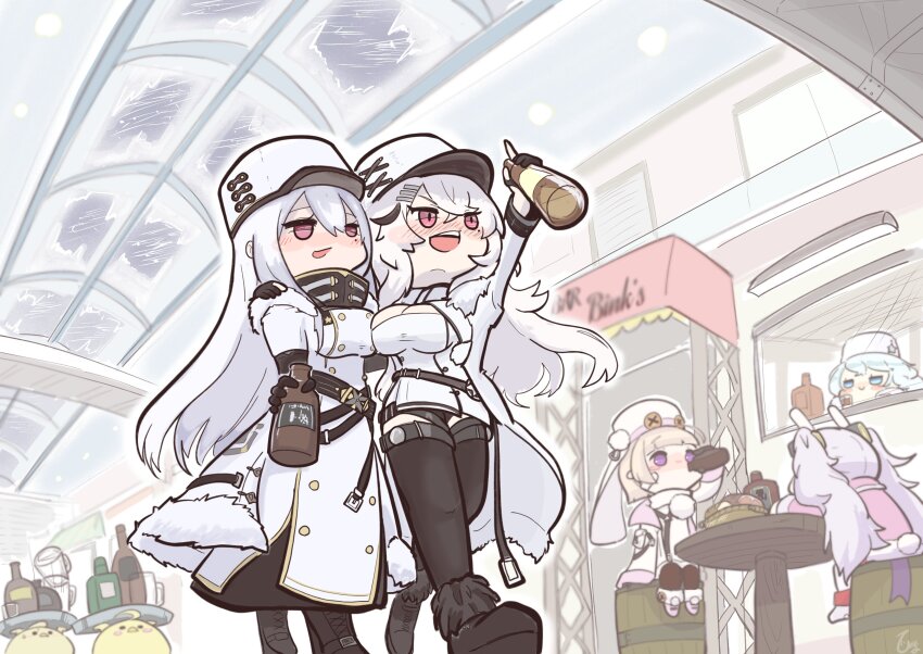 5girls absurdres animal_ears avrora_(azur_lane) azur_lane barrel black_footwear blue_eyes blush boots bottle breasts button_eyes buttons chibi cleavage cleavage_cutout clothing_cutout coat coat_dress cross-laced_footwear double-breasted dress drinking drunk fake_animal_ears fake_tail from_below fur-trimmed_boots fur-trimmed_coat fur_hat fur_trim gangut_(azur_lane) grozny_(azur_lane) hairband hat highres himajin_(fd_jin) holding holding_bottle holding_tray jacket laffey_(azur_lane) large_breasts long_hair mall manjuu_(azur_lane) military_hat multiple_girls pink_jacket purple_eyes rabbit_ears rabbit_tail red_eyes sovetskaya_rossiya_(azur_lane) tail thighhighs tray twintails white_coat white_hair white_headwear white_thighhighs white_uniform winter_clothes