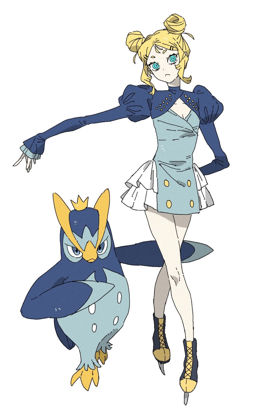 1girl :&lt; aqua_eyes blonde_hair blue_dress blue_eyes double_bun dress gen_4_pokemon hair_bun hair_ornament hairclip highres ice_skates juliet_sleeves long_sleeves nintendo pokemon pokemon_(creature) prinplup puffy_sleeves skates white_background wulie_errr