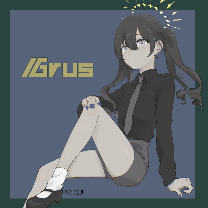 1girl black_hair black_shirt blue_background blue_nails character_name frown grey_shorts grus_(vrchat) hair_between_eyes highres knee_up kotone0220 long_hair mary_janes nail_polish necktie shirt shoes short_hair shorts sitting socks solo twintails vrchat