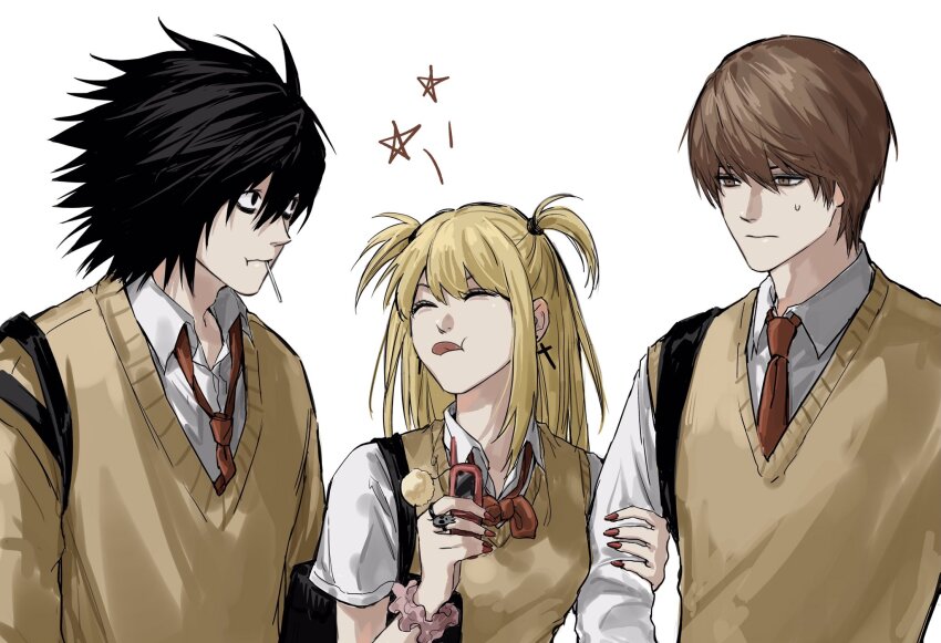1girl 2boys alternate_costume amane_misa backpack bag bags_under_eyes black_bag black_eyes black_hair blonde_hair bracelet brown_eyes brown_hair brown_sweater_vest candy cellphone closed_eyes closed_mouth collared_shirt cross cross_earrings death_note earrings flip_phone food height_difference highres holding holding_another&#039;s_arm holding_phone jewelry l_(death_note) lollipop lollipop_in_mouth long_hair looking_at_another multiple_boys nail_polish necktie phone red_nails red_necktie school_uniform shirt short_hair shoulder_bag sidelocks simple_background skull_ring sso_s star_(symbol) sweater_vest tongue tongue_out undone_necktie upper_body white_background yagami_light