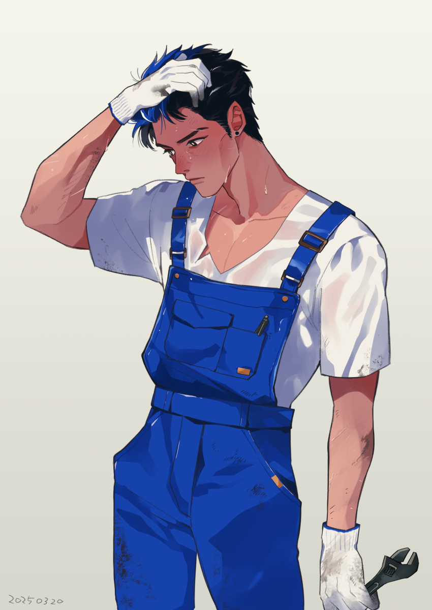 1715yorugohan 1boy absurdres alternate_costume arm_up black_eyes blue_hair blue_overalls closed_mouth collarbone commentary dated earrings english_commentary gloves hand_on_own_head highres holding holding_wrench jewelry looking_to_the_side male_focus overalls pen piercing pocket shirt short_hair short_sleeves sideburns sideways_glance simple_background solo standing stud_earrings sweat t-shirt valorant very_sweaty white_background white_gloves white_shirt wrench yoru_(valorant)