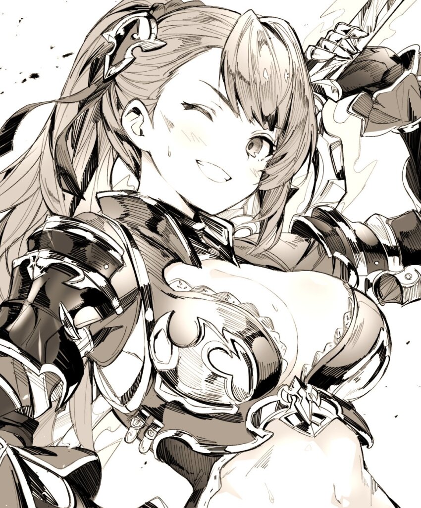 1girl ;d arm_armor armor beatrix_(granblue_fantasy) blush breasts cleavage cleavage_cutout clothing_cutout granblue_fantasy grin highres holding holding_weapon large_breasts looking_at_viewer monochrome monogrbl navel one_eye_closed open_mouth ponytail shoulder_armor smile solo teeth weapon