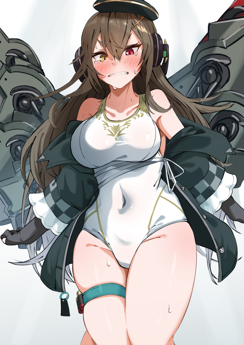 1girl absurdres black_headwear black_jacket blush brown_hair covered_navel cowboy_shot embarrassed ert_raitsui girls&#039;_frontline hair_ornament headphones heterochromia highres impossible_clothes impossible_swimsuit jacket m1014_(girls&#039;_frontline) off_shoulder one-piece_swimsuit open_clothes open_jacket parted_lips red_eyes shotgun_shell solo straight-on sweat swimsuit teeth thigh_strap white_background white_swimsuit x_hair_ornament yellow_eyes