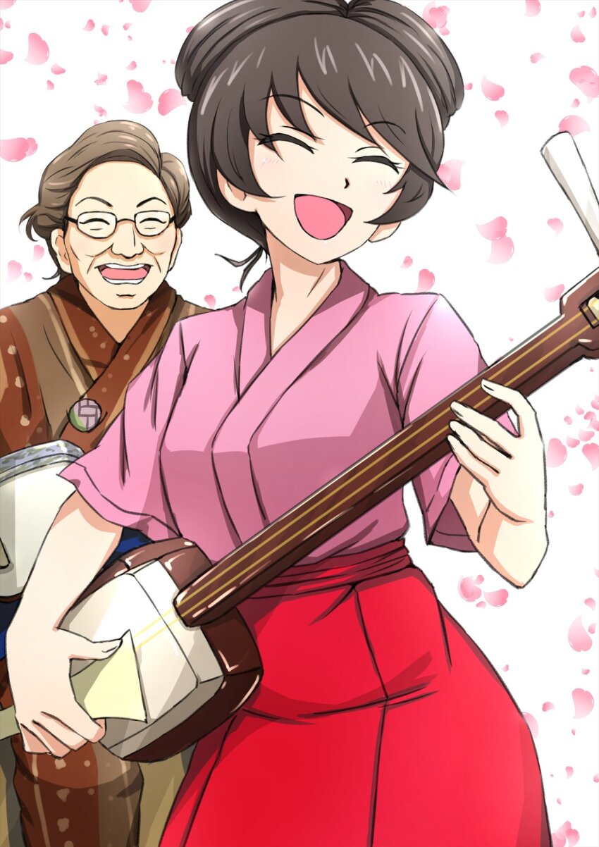 1girl 2girls brown_hair closed_eyes commentary facing_viewer girls_und_panzer glasses hair_rings hakama highres holding holding_instrument hosomi_shizuko instrument japanese_clothes multiple_girls music omachi_(slabco) open_mouth pink_shirt playing_instrument red_hakama shamisen shirt short_hair short_sleeves smile solo standing