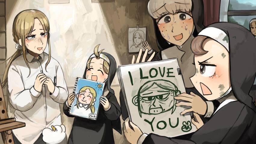 6+girls :d ^_^ bird blonde_hair brown_eyes brown_hair chicken closed_eyes clumsy_nun_(diva) commentary diva_(hyxpk) drawing_(object) duck english_commentary freckles froggy_nun_(diva) grey_hair highres hug little_nuns_(diva) long_hair multiple_girls nervous_sweating nun open_mouth sheep_nun_(diva) shirt smile strict_nun&#039;s_mother_(diva) strict_nun_(diva) sweat tearing_up traditional_nun triangle_mouth white_shirt