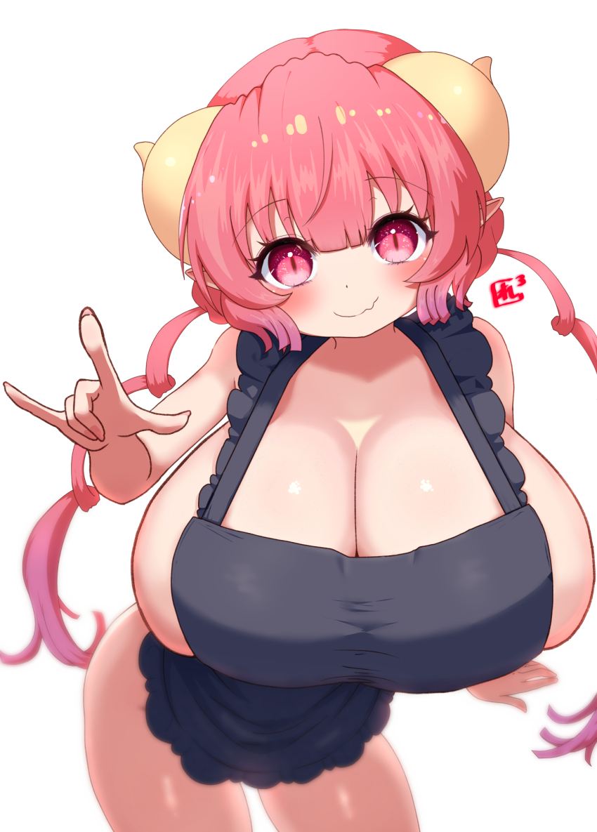apron breasts cleavage dragon_girl dragon_horns gigantic_breasts highres horns huge_breasts ilulu_(maidragon) kobayashi-san_chi_no_maidragon looking_at_viewer naked_apron red_eyes red_hair reiwa_rerere shortstack thighs