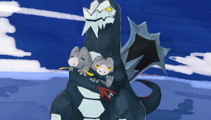 baxcalibur blue_skin blue_spine claws closed_eyes colored_sclera colored_skin dragon fangs frigibax grey_skin highres holding holding_pokemon iyokanpopopm long_tail nintendo no_humans pokemon pokemon_(creature) reptile scales skin_fangs spines spinosaurus tail yellow_sclera
