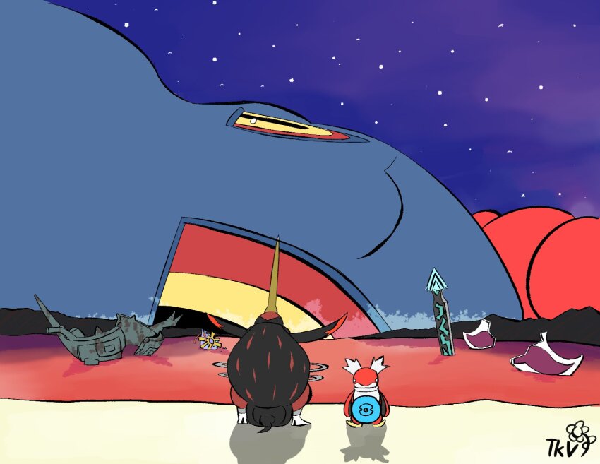 5others :3 android animal_focus armor artist_request back broken_armor chien-pao colored_sclera corpse flutter_mane full_body gameplay_mechanics gen_9_pokemon giant highres iron_bundle kingambit legendary_pokemon looking_at_another meme multiple_others neon_genesis_evangelion night night_sky nintendo no_humans parody pokemon pokemon_(creature) pokemon_sv red_sclera signature simple_background sitting sky standing tail the_end_of_evangelion ting-lu_(pokemon)