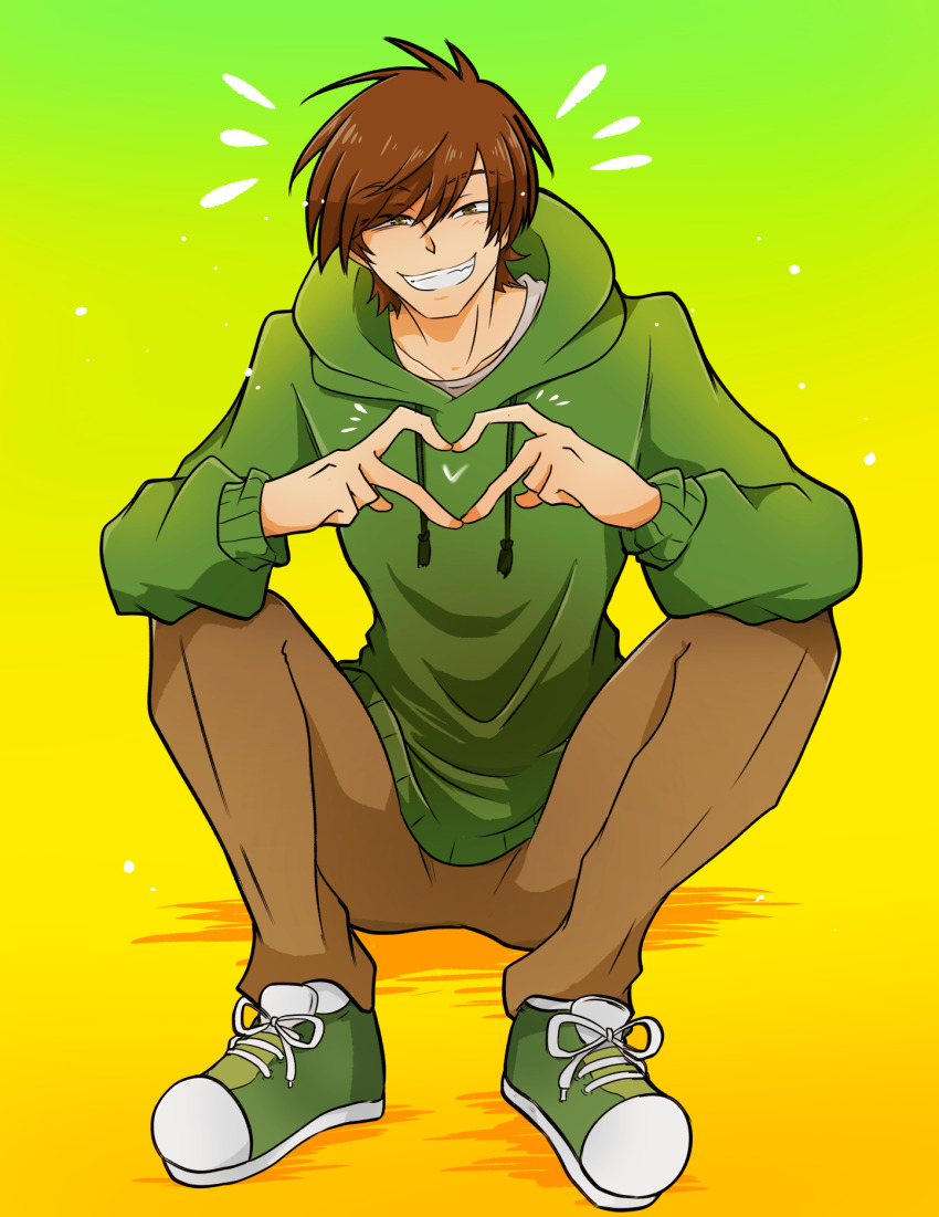 1boy animification arms_on_knees bishounen blush brown_eyes brown_hair brown_pants collarbone commentary cowlick edd_(eddsworld) eddsworld full_body gradient_background green_background green_hoodie green_shoes grin heart heart_hands highres hood hood_down hoodie legs_apart long_sleeves male_focus messy_hair notice_lines pants reon_(02779) shoes short_hair sitting smile sneakers solo yellow_background