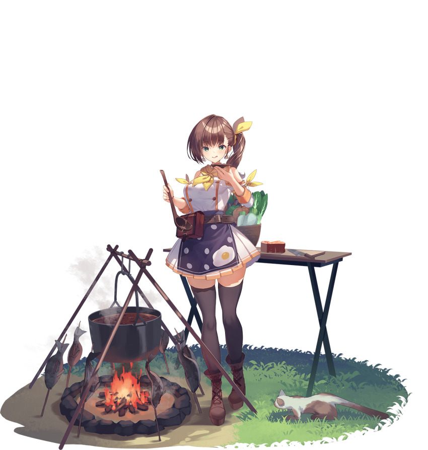 1girl artist_request bad_source bare_shoulders belt boots breasts brown_hair buttons campfire cat cutting_board daikon detached_sleeves earrings fish food food-themed_earrings food_print full_body game_cg grass green_eyes highres holding holding_ladle jewelry knife ladle maglica_(sennen_sensou_aigis) meat official_art plate radish sennen_sensou_aigis side_ponytail solo steam table tasting tasting_plate third-party_source tongue tongue_out transparent_background vegetable