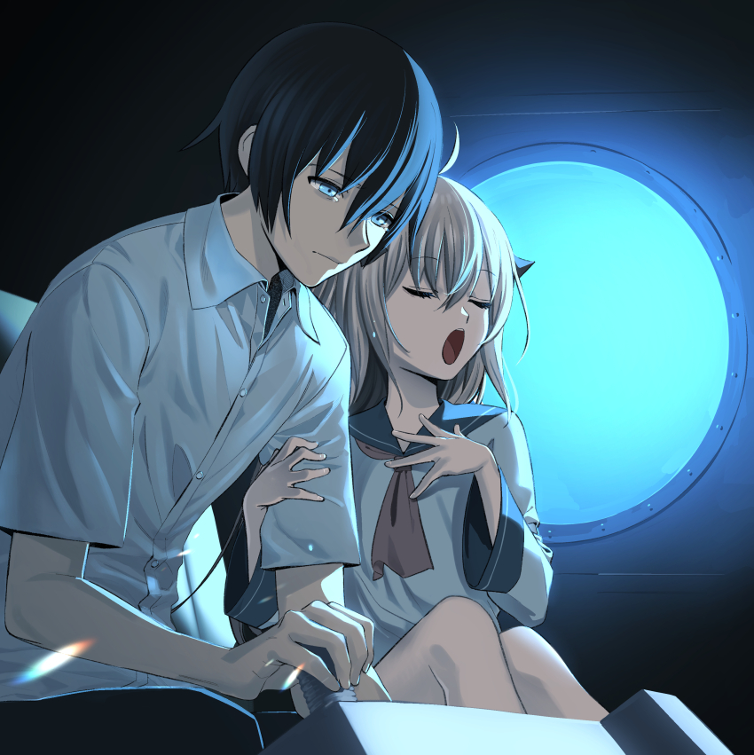 1boy 1girl :o absurdres ahoge arm_hug ascot atri atri-my_dear_moments- black_hair blue_eyes blue_sailor_collar brown_hair buttons cane closed_eyes closed_mouth collared_shirt commentary_request dress eyelashes hair_between_eyes hands_up highres holding holding_cane ikaruga_natsuki indoors knees_up leaning_forward long_hair long_sleeves looking_down music nose open_mouth rasupekuto red_ascot round_window sailor_collar sailor_dress shirt short_hair short_sleeves sidelighting singing sitting submarine_interior tearing_up tears upper_body white_dress white_shirt wide_sleeves window