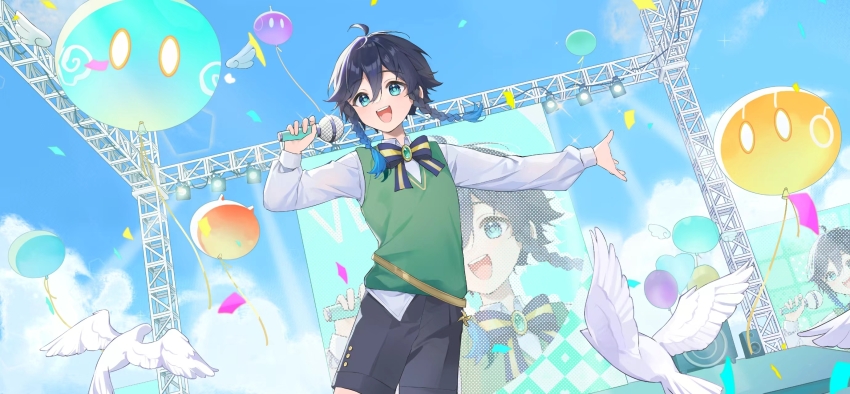 1boy anemo_slime_(genshin_impact) black_bow black_bowtie black_hair black_shorts blue_hair bow bowtie braid flower genshin_impact gradient_hair green_vest highres holding holding_microphone long_sleeves looking_at_viewer male_focus microphone multicolored_hair open_mouth shirt shorts slime_(genshin_impact) smile twin_braids venti_(genshin_impact) vest white_flower white_shirt yuki_(miyuki_kii)