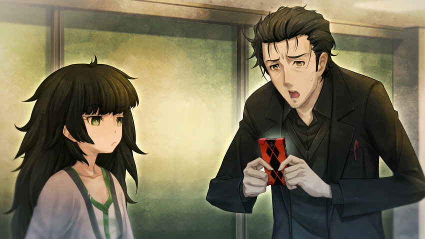 1boy 1girl beard_stubble black_cardigan black_hair black_jacket black_shirt blunt_bangs breast_pocket cardigan closed_mouth clothing_request collar collarbone collared_shirt dress facial_hair fingernails flat_chest frown game_cg green_collar green_dress green_eyes green_hair green_trim grey_dress grey_jacket highres hiyajou_maho holding holding_phone huke jacket jacket_over_dress lapels long_hair long_sleeves looking_at_another messy_hair non-web_source notched_lapels object_in_pocket official_art okabe_rintarou okabe_rintarou_(beta) open_mouth outdoors pen_in_pocket phone pocket ringed_eyes shirt short_hair steins;gate steins;gate_0 stubble sweatdrop teeth thick_eyebrows tongue unamused very_long_hair yellow_eyes