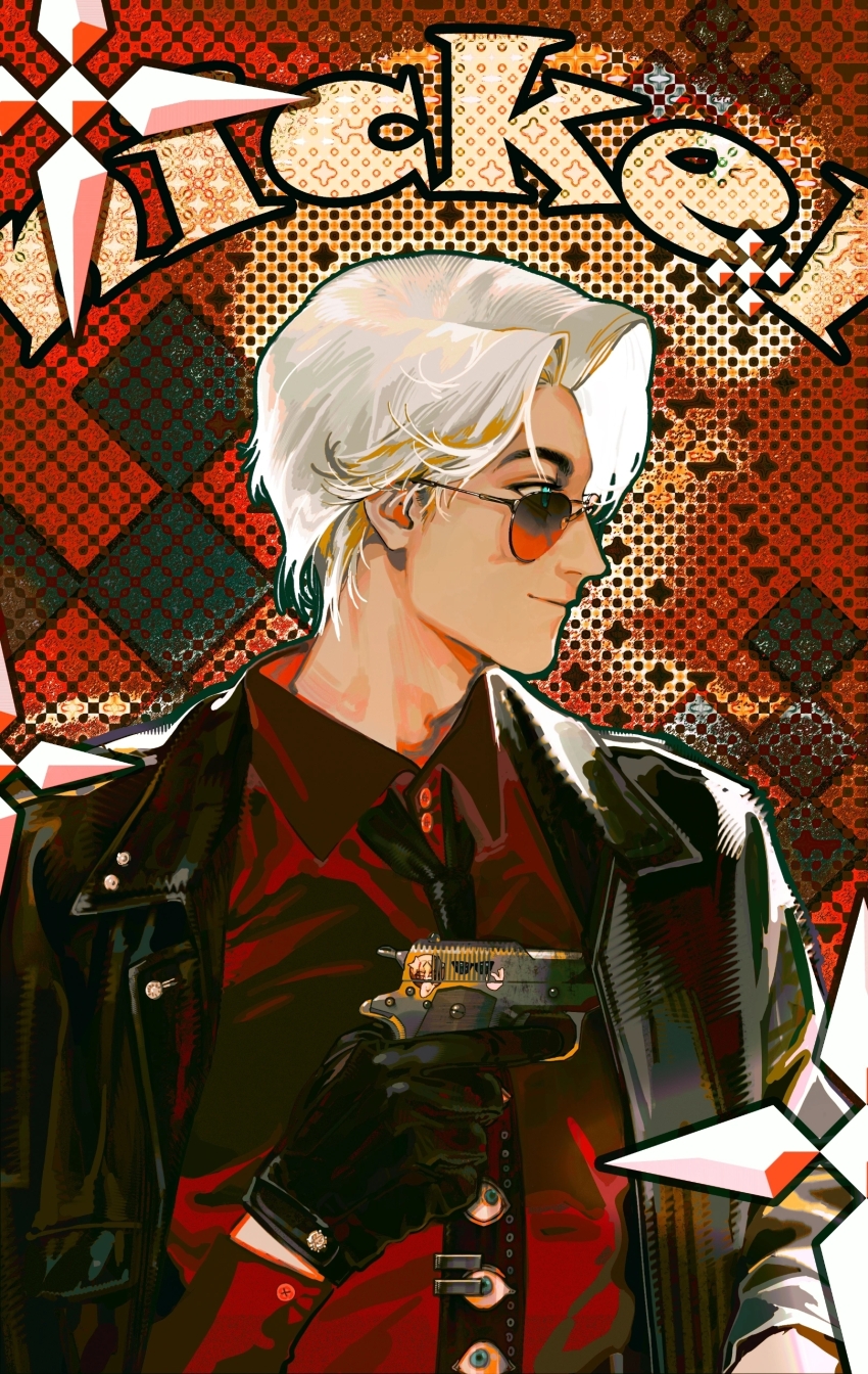 1boy absurdres aqua_eyes black_jacket black_necktie buttons chinese_commentary closed_mouth collared_shirt commentary_request eye_print fang_ting gun handgun highres holding holding_gun holding_weapon jacket jacket_on_shoulders long_sleeves male_focus necktie original red_shirt shirt short_hair smile solo sunglasses tie_clip upper_body weapon white_hair
