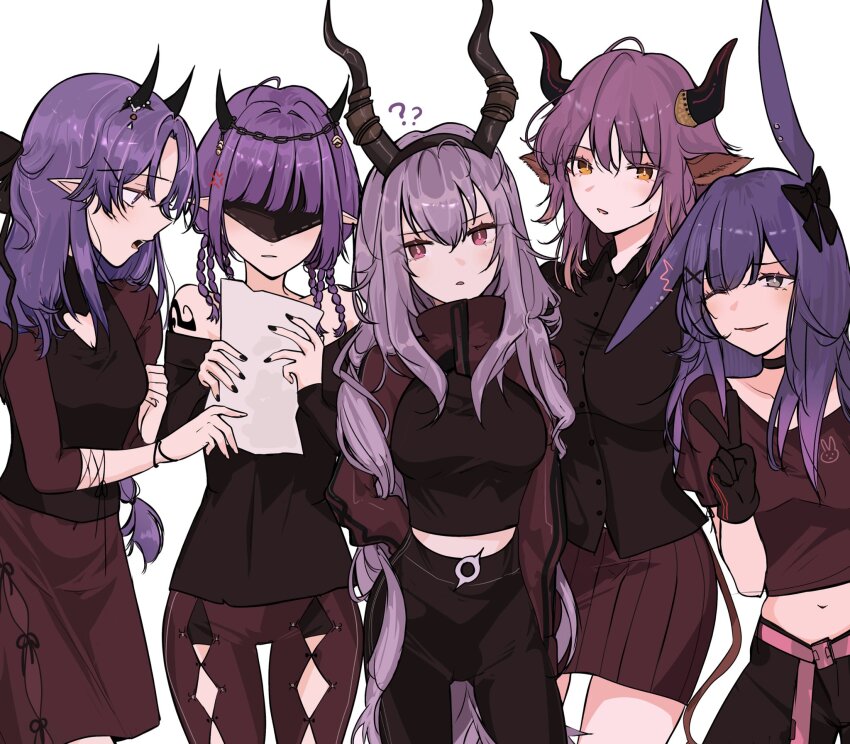 5girls :o ? ?? alternate_costume angry animal_ears arknights arms_behind_back belt black_bow black_choker black_gloves black_horns black_nails black_pants black_shirt blindfold bow braid breasts buttons choker cleavage_cutout clothing_cutout collarbone collared_shirt color_connection commentary cow_ears cow_horns demon_girl demon_horns dot_nose english_commentary fake_horns from_side gloves grey_eyes gupipy hair_between_eyes hair_bow hair_intakes hair_ornament hairband hibiscus_(arknights) hibiscus_the_purifier_(arknights) highres holding holding_paper horn_hairband horns large_breasts lava_(arknights) lava_the_purgatory_(arknights) long_hair long_sidelocks long_sleeves looking_at_another looking_at_viewer medium_breasts midriff multiple_braids multiple_girls navel off-shoulder_shirt off_shoulder one_eye_closed open_mouth pants paper pink_belt pointy_ears purple_eyes purple_hair purple_shrug purple_skirt rabbit_ears rope_(arknights) shirt siblings sidelocks sideroca_(arknights) simple_background single_floppy_ear sisters skirt smile straight-on sweatdrop thigh_cutout typhon_(arknights) upper_body v very_long_hair white_background x_hair_ornament yellow_eyes
