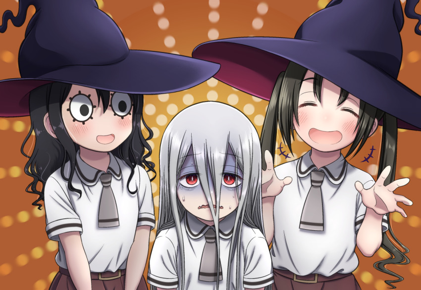 3girls asobi_asobase black_hair blush closed_eyes hair_between_eyes hat jougenmushi looking_at_viewer matou_aguri multiple_girls oka_ruu pale_skin red_eyes sanpaku school_uniform smile twintails u.a._school_uniform vampire wavy_hair wavy_mouth wide-eyed witch_hat