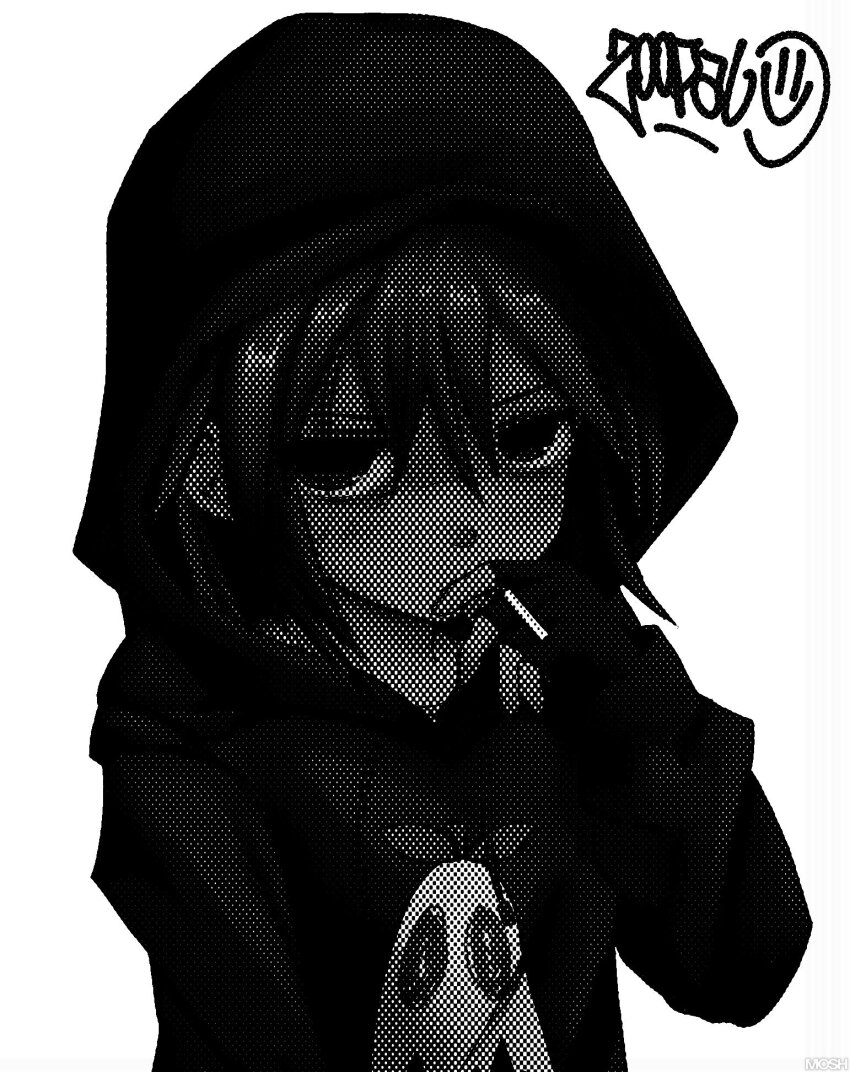 1girl angry arm_at_side artist_name cigarette fingerless_gloves glaring gloves greyscale hair_behind_ear hair_between_eyes halftone hand_to_own_mouth hand_up highres holding holding_cigarette hood hood_up hoodie looking_at_viewer monochrome narrowed_eyes original print_shirt shirt short_hair signature simple_background smiley_face smoking solo stippling_(texture) upper_body upturned_eyes v-shaped_eyebrows white_background zoolpal