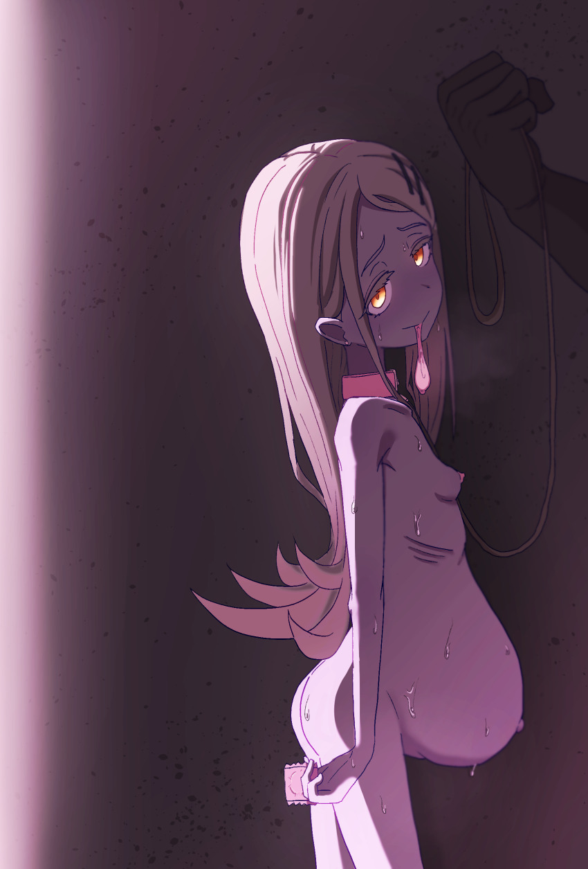 1boy 1girl absurdres animal_collar arms_at_sides ass bdsm blonde_hair breasts closed_mouth collar completely_nude condom condom_in_mouth cowboy_shot dark-skinned_male dark_skin eyelashes from_side glowing glowing_eyes hetero highres idolmaster interracial leash loli long_hair looking_at_viewer looking_to_the_side mind_break misaia mouth_hold naughty_face nervous nervous_smile nipples nude pink_collar pregnant_loli ribs shinosawa_hiro simple_background slave small_breasts smile standing used_condom very_dark_skin yellow_eyes