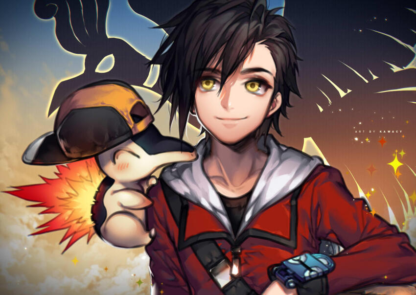1boy baseball_cap black_hair blush closed_eyes closed_mouth collarbone cyndaquil ethan_(pokemon) fire game_freak gen_2_pokemon hat ho-oh jacket kawacy legendary_pokemon looking_up male_focus nintendo pokemon pokemon_(creature) pokemon_gsc red_jacket smile yellow_eyes zipper
