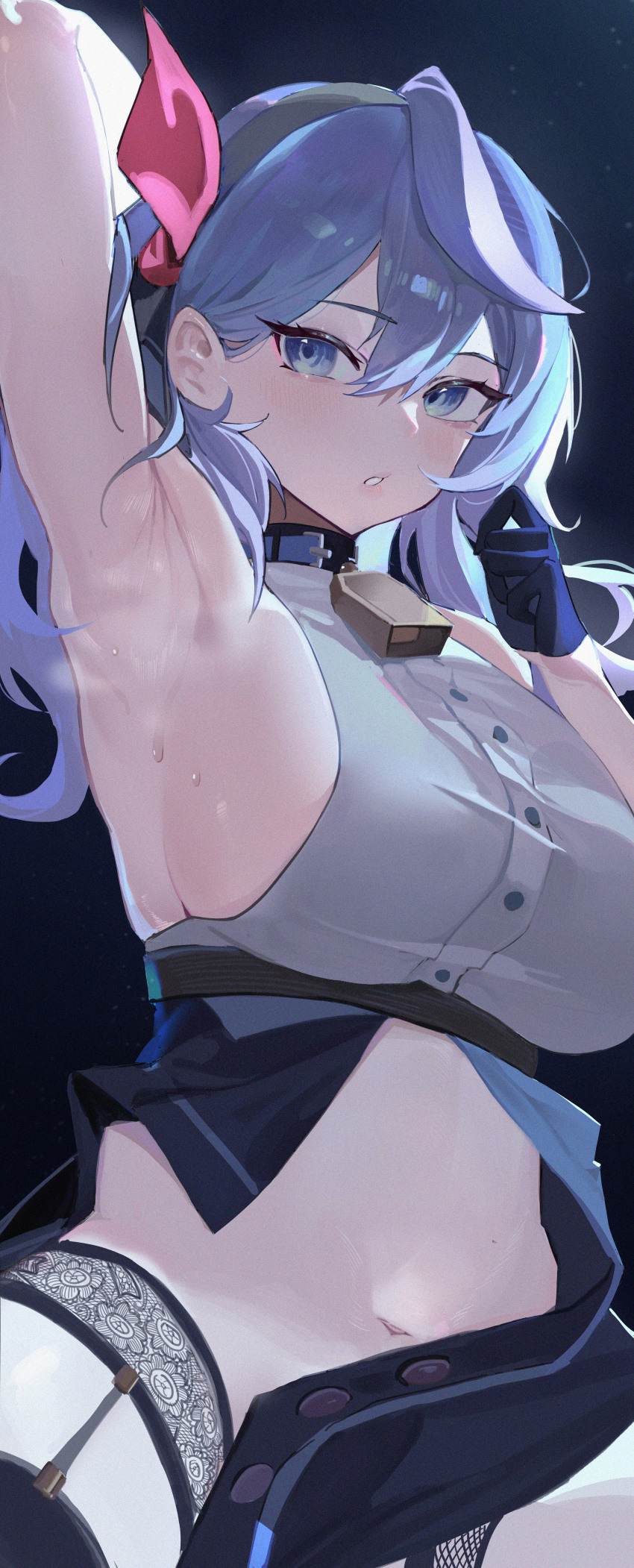 1girl absurdres ako_(blue_archive) arm_up armpits bell black_gloves blue_archive blue_eyes blue_hair breasts commentary cowbell dark_background gloves hair_between_eyes highres large_breasts looking_at_viewer medium_hair navel neck_bell presenting_armpit shirt sideboob sleeveless sleeveless_shirt solo stomach sweat thighs underbust white_shirt yunqi_wolken
