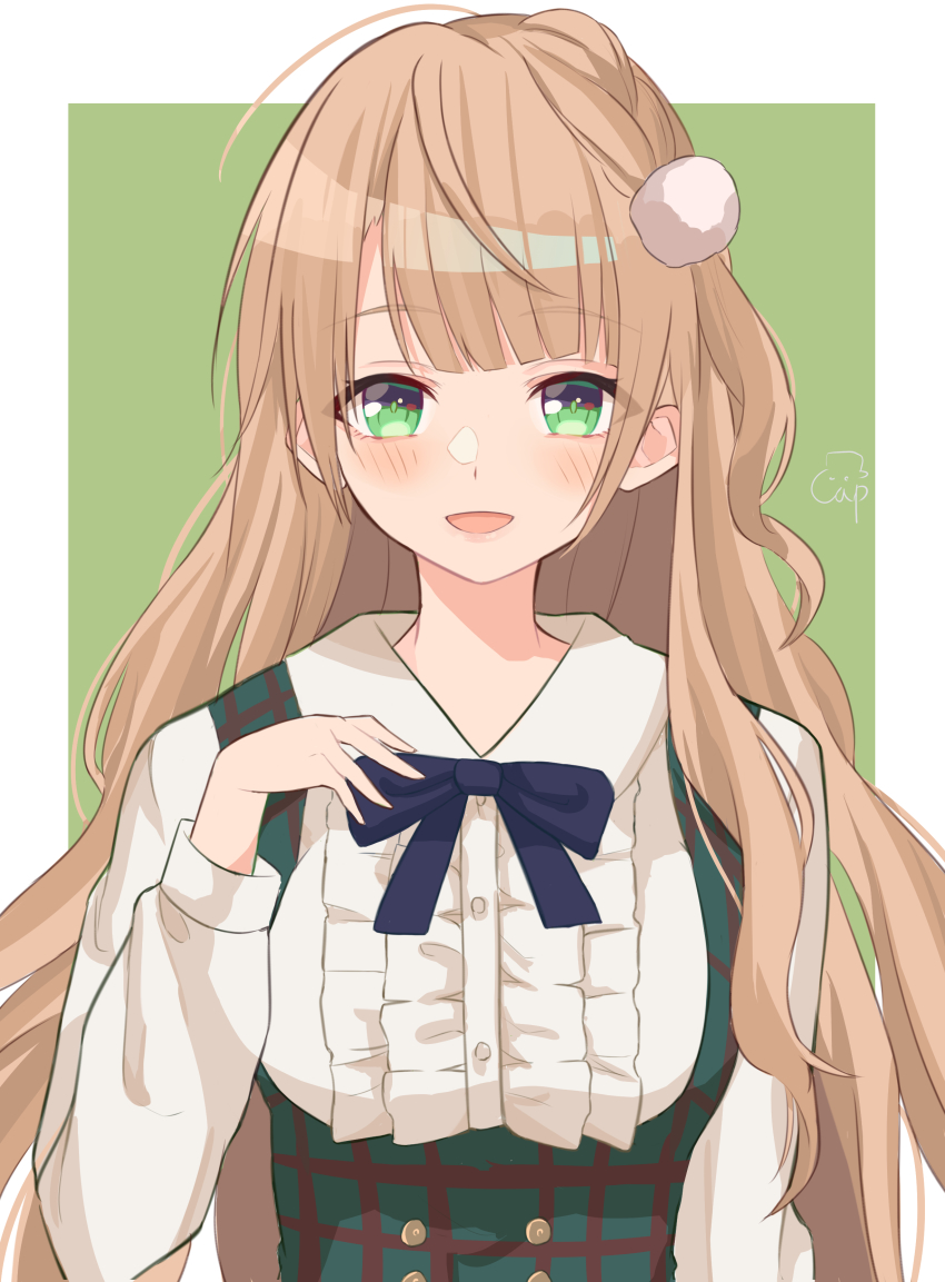 1girl absurdres blue_ribbon blush braid center_frills collared_shirt frilled_shirt frills green_eyes green_skirt hair_ornament hand_on_own_chest high-waist_skirt highres indie_virtual_youtuber kapuhedo_(caplico_77) light_brown_hair long_hair long_sleeves looking_at_viewer neck_ribbon open_mouth plaid_clothes plaid_skirt pom_pom_(clothes) pom_pom_hair_ornament ribbon shigure_ui_(vtuber) shigure_ui_(vtuber)_(casual) shirt side_braid skirt smile solo suspender_skirt suspenders swept_bangs virtual_youtuber white_shirt