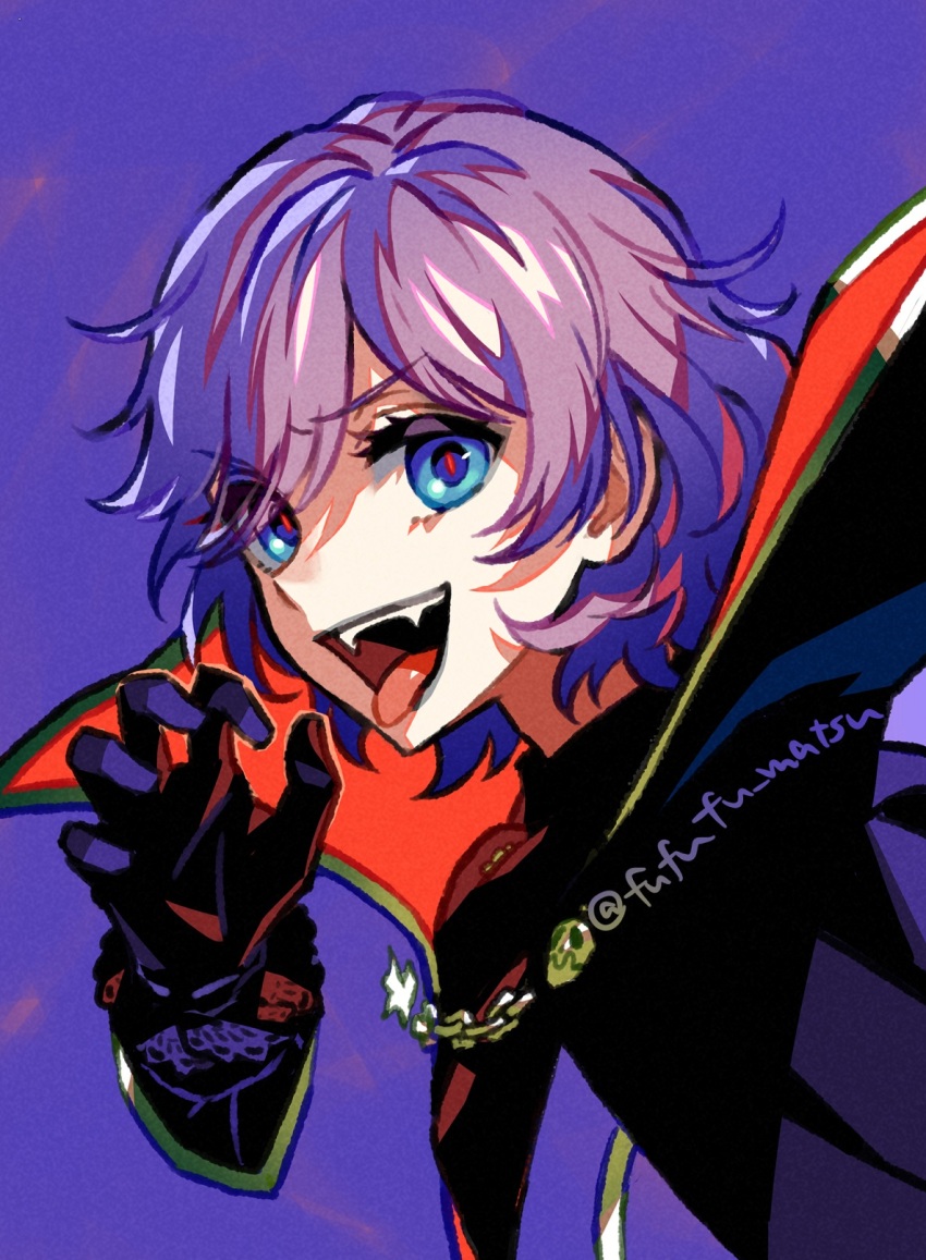 1boy bow claw_pose commentary_request epel_felmier funuyu halloween high_collar highres male_focus purple_bow purple_hair short_hair solo tongue tongue_out twisted_wonderland upper_body vampire