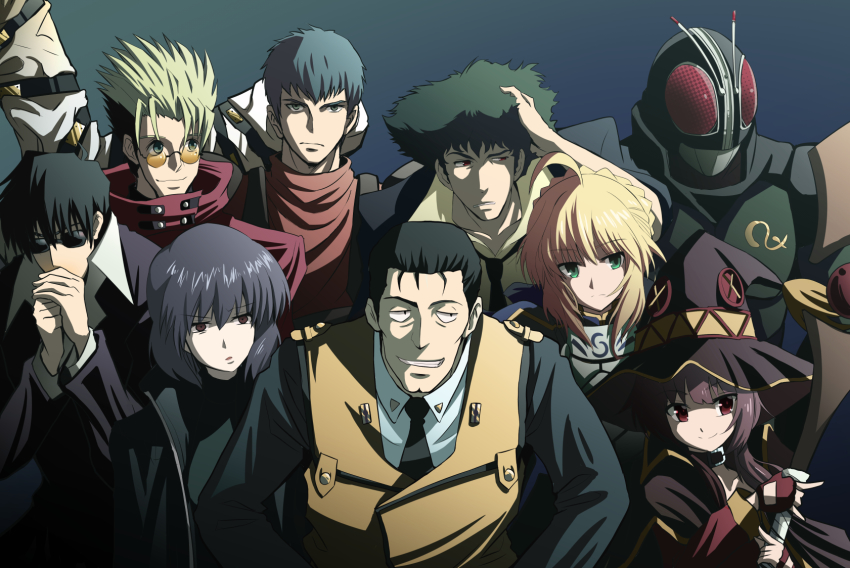 3girls 6+boys ahoge armor artoria_pendragon_(fate) black_hair blonde_hair braid chirico_cuvie cowboy_bebop crossover fate/stay_night fate_(series) french_braid fujitaka_nasu ghost_in_the_shell glasses gotou_kiichi green_eyes hair_between_eyes hat highres holding holding_staff kamen_rider kamen_rider_black_rx kamen_rider_black_rx_(series) kidou_keisatsu_patlabor kono_subarashii_sekai_ni_shukufuku_wo! kusanagi_motoko male_focus multiple_boys multiple_girls red_eyes saber_(fate) serious short_hair_with_long_locks sidelocks smile soukou_kihei_votoms spike_spiegel staff sunglasses upper_body vash_the_stampede witch_hat