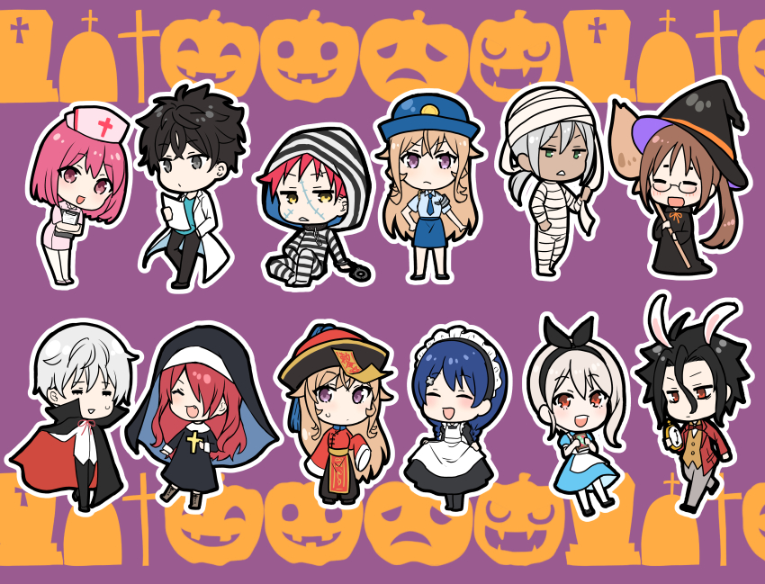 5boys 6+girls absurdres alice_(alice_in_wonderland) alice_(alice_in_wonderland)_(cosplay) alice&#039;s_adventures_in_wonderland alternate_costume apron arato_hisako black_cape black_dress blonde_hair cape chibi cosplay cross doctor dress enmaided ghost_costume green_dress habit hat hayama_akira highres hood hood_up jacket kobayashi_rindou kurokiba_ryou long_hair maid maid_apron maid_headdress multiple_boys multiple_girls mummy mummy_costume nakiri_alice nakiri_asahi nakiri_erina nun nurse nurse_cap ofuda outline pink_eyes pink_hair purple_background red_cape red_hair red_jacket scar scar_on_face shiomi_jun shirt shokugeki_no_souma tadokoro_megumi toy-black vampire_costume walking white_apron white_outline white_rabbit_(alice_in_wonderland) white_rabbit_(alice_in_wonderland)_(cosplay) white_shirt witch witch_hat yukihira_souma