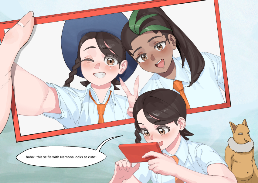 2girls :d blue_hat braid brown_eyes brown_hair cellphone english_text gen_1_pokemon grin hat high_ponytail highres holding holding_phone hypno juliana_(pokemon) looking_at_phone multicolored_hair multiple_girls naranja_academy_school_uniform necktie nemona_(pokemon) nintendo one_eye_closed open_mouth orange_necktie phone pokemon pokemon_(creature) pokemon_sv ponytail school_uniform selfie shirt single_braid smartphone smile speech_bubble streaked_hair v white_shirt wjs07
