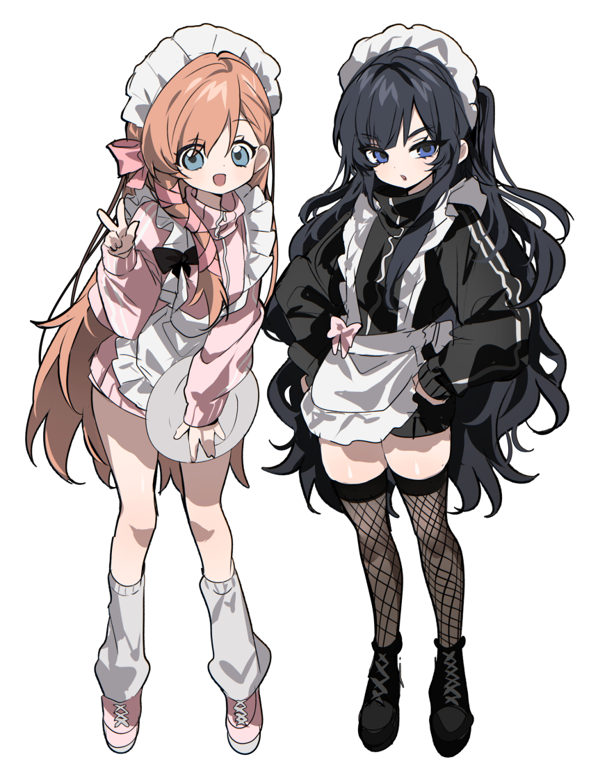 2girls :d alternate_costume apron black_hair black_jacket black_shoes black_thighhighs chu_yeon enmaided final_fantasy final_fantasy_xiv fishnet_thighhighs fishnets full_body gaia_(ff14) hair_ribbon hands_on_own_hips highres holding holding_plate hyur jacket leg_warmers long_hair looking_at_viewer maid maid_headdress multiple_girls open_mouth orange_hair pink_jacket plate ribbon ryne_waters shoes simple_background smile swept_bangs thighhighs track_jacket v waist_apron white_apron white_background